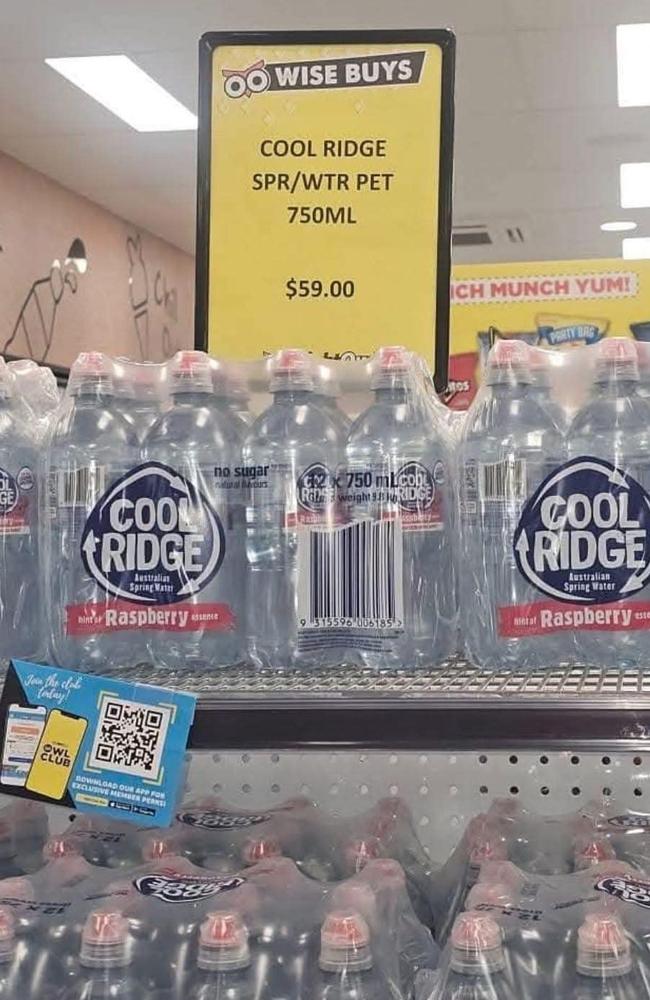 Allegations of bottled water price gouging at a Brisbane Night Owl convenience store circulating on social media Wednesday have been refuted. A Night Owl spokeswoman said the franchisee had actually lowered the price of the drinks. Picture: Supplied