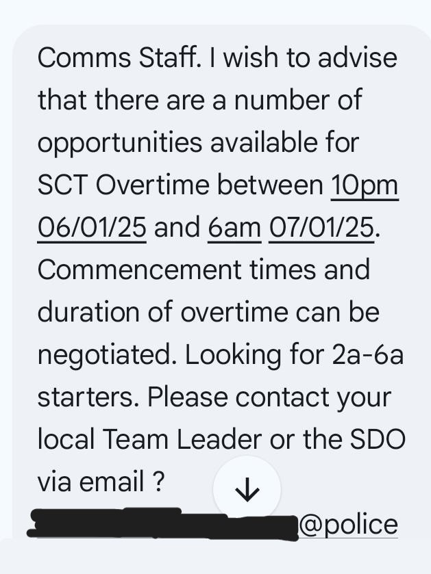 In the same evening text messages were sent out to police triple-0 staff asking if they could work overtime due to a number of unfilled shifts. Picture: Supplied.