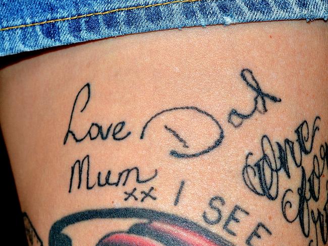 The tattoos Nikole Lowe’s parents inked on her thigh.