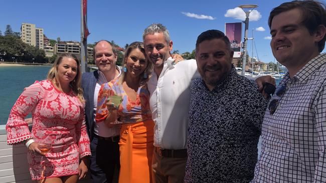 (Left to right) Gemma Eastwood, Manly, Matt Rugers, Balmain, Irene Barton, Balgowlah, Brett Barton, Balgowlah, Andrew Blades, Willoughby and James McGuire, Fairlight at the Manly Wharf Bar for the 2022 Melbourne Cup event. Picture: Jim O'Rourke