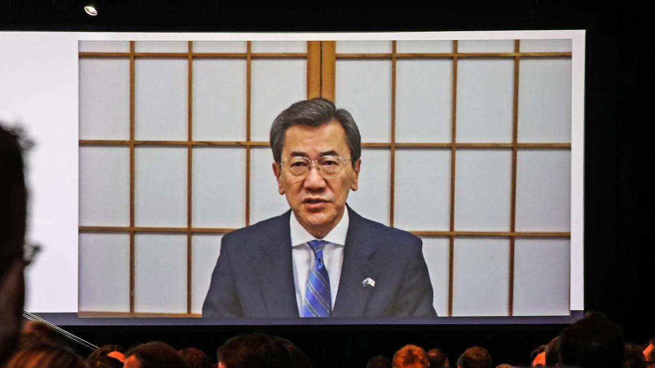 Japan’s Ambassador Yamagami Shingo gives his address via video conferencing. Picture: Zak Simmonds