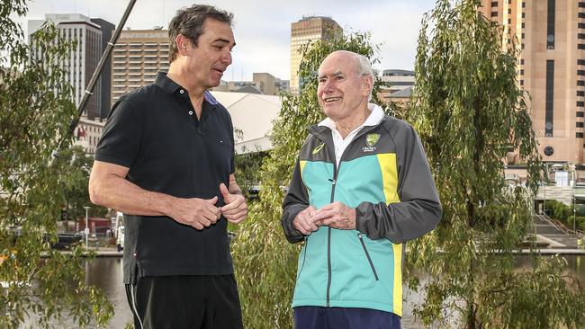 Former prime minister John Howard with new premier Steven Marshall during the election campaign. Picture: AAP / Mike Burton