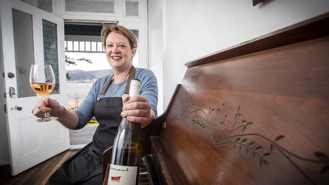 Angela Morgan from Derwent Estate Winery with their most popular wine, the 2019 pinot gris. Picture: LUKE BOWDEN