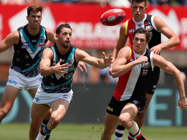 SHANGHAI, CHINA - JUNE 02: Travis Boak of the Power is and Jack Steele of the Saints in action during the 2019 AFL round 11 match between the St Kilda Saints and the Port Adelaide Power at Adelaide Arena at Jiangwan Stadium on June 02, 2019 in Shanghai, China. (Photo by Michael Willson/AFL Photos)