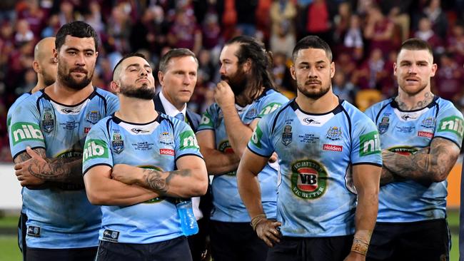 Dejected Blues players in 2017 ... (from left) Andrew Fifita, Jack Bird, Aaron Woods, Jarryd Hayne and Josh Dugan. Picture: AAP