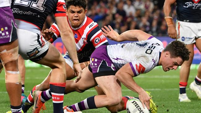 Brodie Croft of the Storm scores a try during the round 15 NRL match between the Sydney Roosters and the Melbourne Storm at Adelaide Oval. Picture: Getty Images