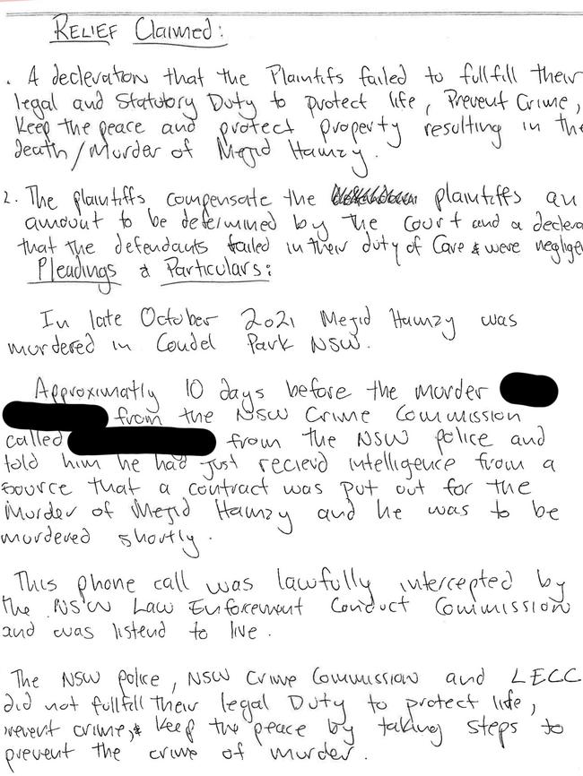 Bassam Hamzy’s case outlined in his handwritten statement of claim. Picture: Supplied