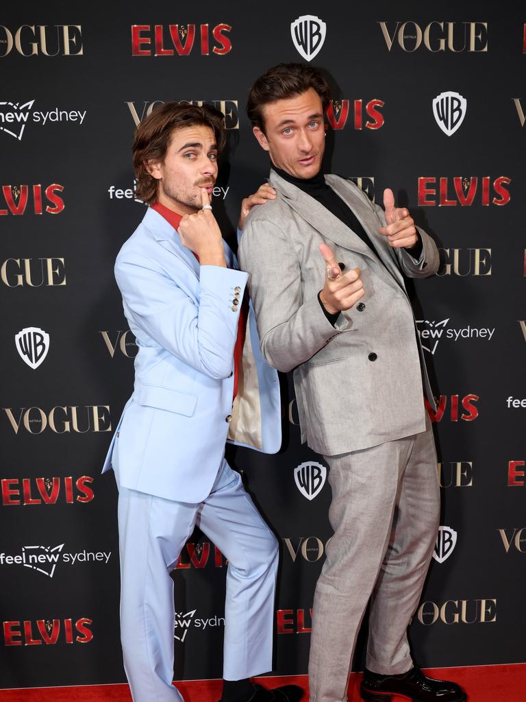 Inspired unemployed Jack Steel and Matt Ford on the red carpet at the Sydney premiere of Elvis, The State Theatre, Sydney CBD. Picture: Damian Shaw