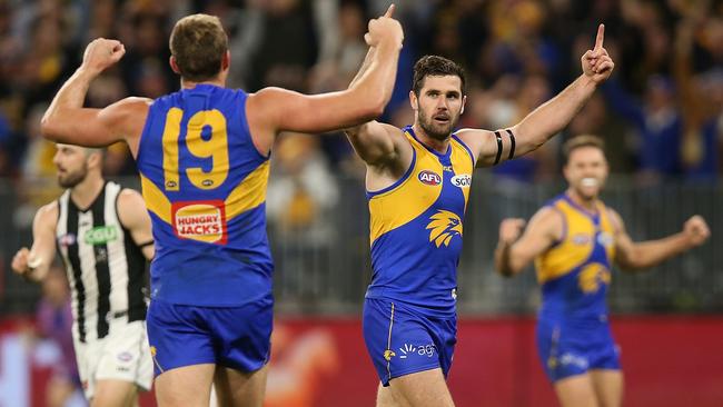 Jack Darling celebrates a goal against Collingwood.