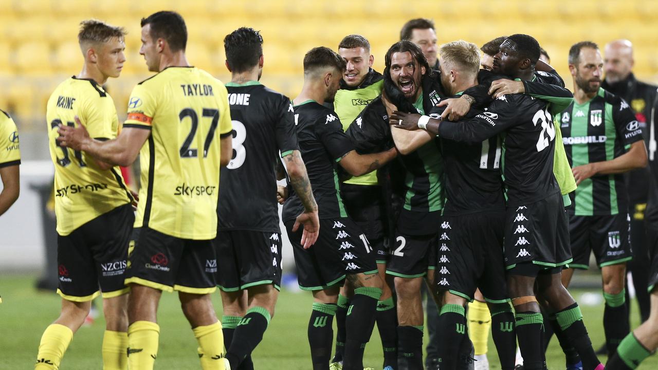 Western United players celebrate a historic maiden A-League victory - but should it have stood?