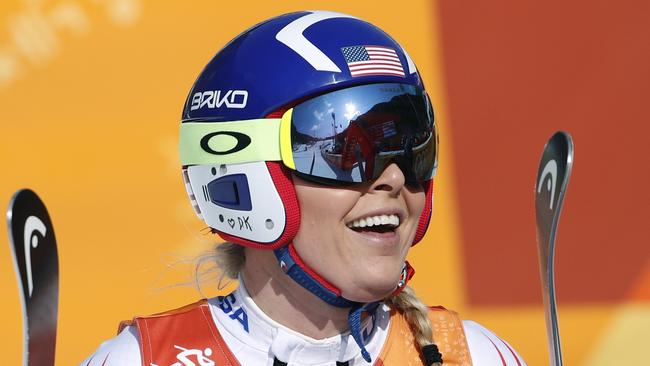 United States' Lindsey Vonn smiles in the finish area of the women's combined downhill at the 2018 Winter Olympics in Jeongseon, South Korea, Thursday, Feb. 22, 2018. (AP Photo/Christophe Ena)