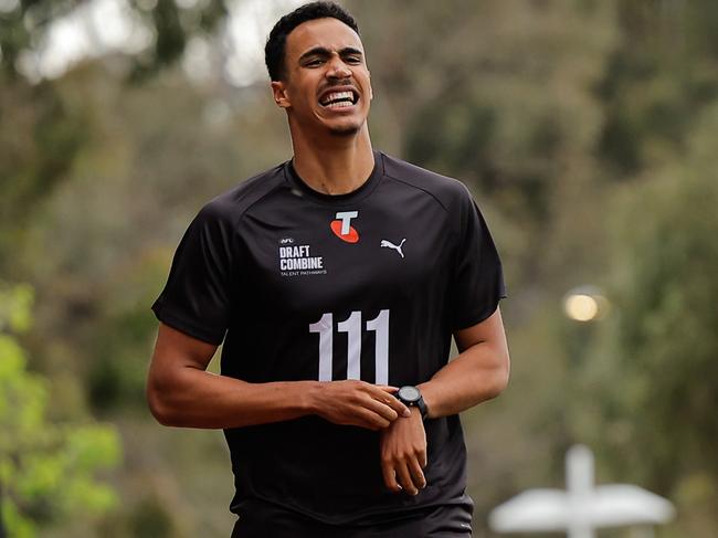 MELBOURNE, AUSTRALIA - OCTOBER 04: Adrian Cole (Victoria Metro - Sandringham Dragons) crosses the finish line during the 2km time trial during the Telstra AFL National Draft Combine Day 1 at the AIA Centre on October 04, 2024 in Melbourne, Australia. (Photo by Dylan Burns/AFL Photos via Getty Images)