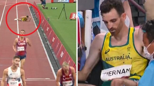 Patrick Tiernan collapses with the finish line in sight in the 10000m in Tokyo.