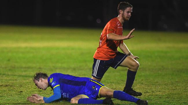 Gympie United Gladiators Premier Men v Maleny Division 2 - Taren Mieren fouled by a Maleny defender