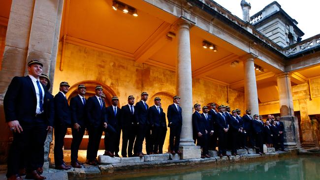 BATH, ENGLAND - SEPTEMBER 15: The Australia Team poses for a photograph during the Rugby World Cup 2015 Australia Welcome Ceremony at The Roman Baths on September 15, 2015 in Bath, England. (Photo by Dan Mullan/Getty Images)