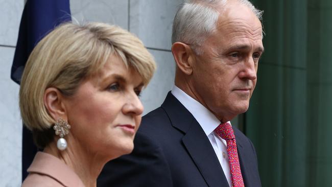 Malcolm Turnbull with Deputy Liberal Leader Julie Bishop at Parliament House in Canberra following the leadership vote on August 21. Picture: Kym Smith