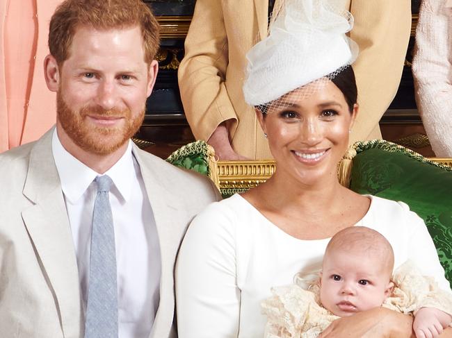 WINDSOR, UNITED KINGDOM  JULY 06: NEWS EDITORIAL USE ONLY. NO COMMERICAL USE. NO MERCHANDISING, ADVERTISING, SOUVENIRS, MEMORABILIA or COLOURABLY SIMILAR. NOT FOR USE AFTER AFTER 31 DECEMBER, 2019 WITHOUT PRIOR PERMISSION FROM ROYAL COMMUNICATIONS. NO CROPPING. In this official christening photograph supplied by the Duke and Duchess of Sussex, Prince Harry, Duke of Sussex, Meghan, Duchess of Sussex with their son, Archie Mountbatten-Windsor  pose for a photographe with and (L-R) Camilla, Duchess of Cornwall, Prince Charles, Prince of Wales, Ms Doria Ragland, Lady Jane Fellowes, Lady Sarah McCorquodale, Prince William, Duke of Cambridge and Catherine, Duchess of Cambridge in the Green Drawing Room at Windsor Castle on July 06, 2019 in Windsor, United Kingdom. (Photo by Chris Allerton/SussexRoyal via Getty Images)   Copyright in this photograph is vested in The Duke and Duchess of Sussex. Publications are asked to credit the photographs to Chris Allerton. No charge should be made for the supply, release or publication of the photograph. The photograph must not be digitally enhanced, manipulated or modified in any manner or form and must include all of the individuals in the photograph when published.