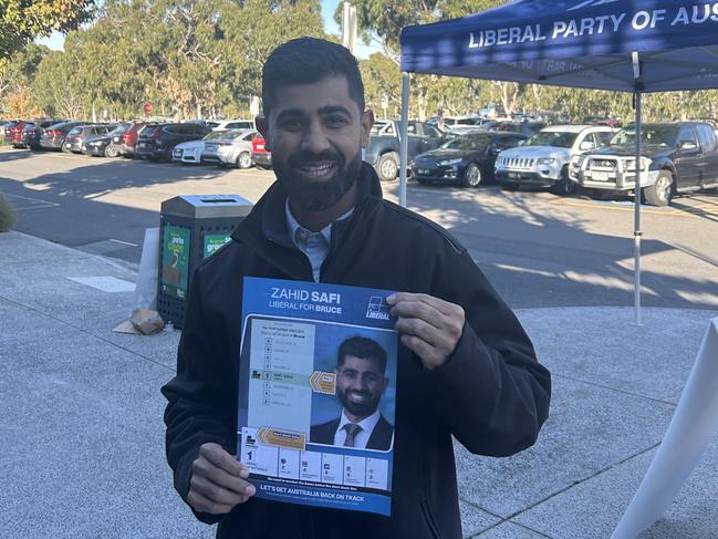 Bruce Liberal Party candidate Zahid Safi arrives at Dandenong Stadium to vote. Picture: Oscar Jaeger