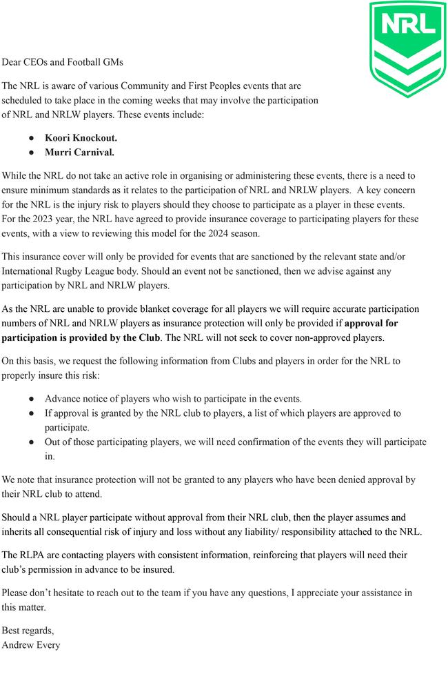 NRL letter to clubs over Koori KO concerns