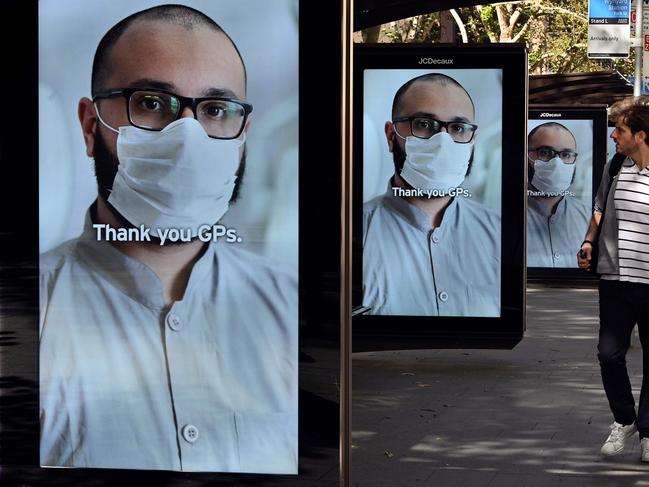 Advertising boards displaying thank you messages to health workers in response to the COVID-19 outbreak in Sydney. Picture: Saeed Khan/AFP