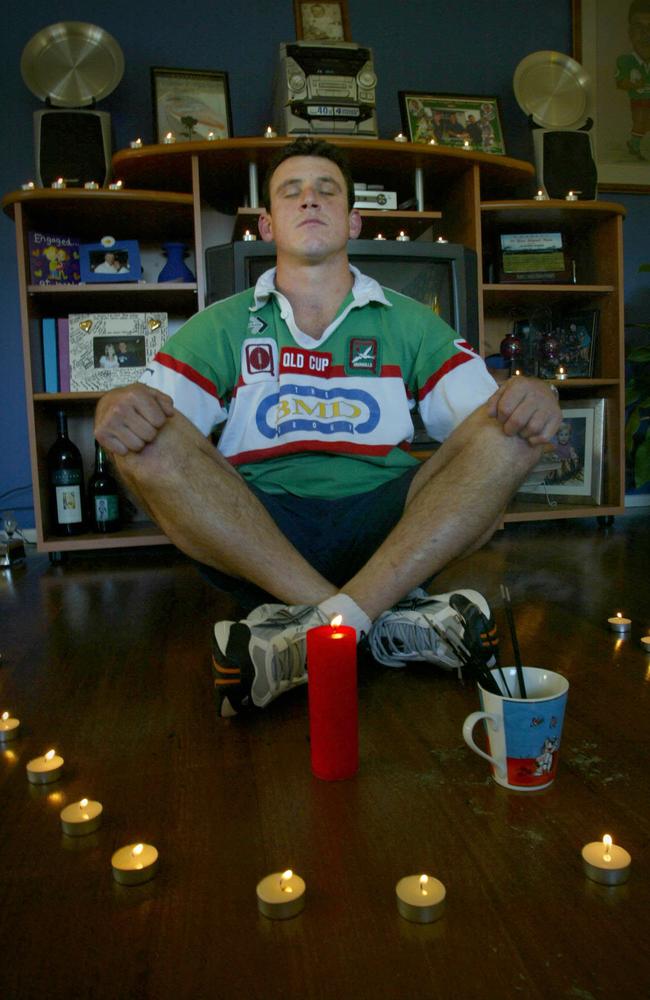 Former Wynnum Seagulls prop Clayton Maher meditating at his home. Pic: Jamie Hanson