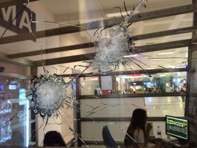 Bullet holes at Ataturk Airport less than 24 hours after a suicide bomb attack. Picture: Charles Miranda