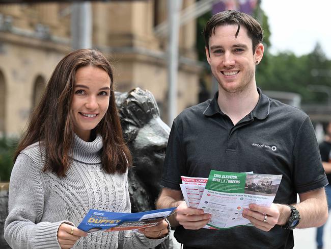 14/10/2024 : Early voters Kirsten Kritzinger and Luke Blucher as election voting starts today with pre polling open, with small queues, and voters, City Hall, Brisbane. pic: Lyndon Mechielsen/Courier Mail