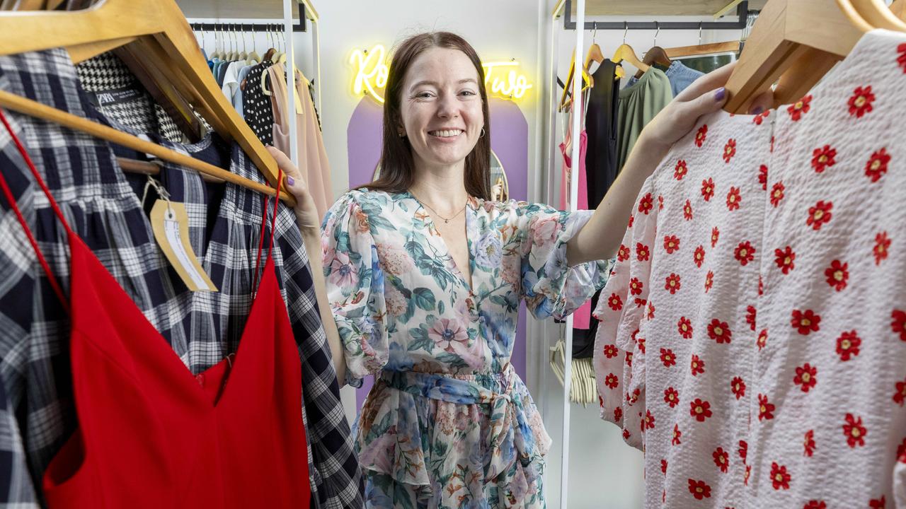 Lauren Nicolle at Round Two Preloved Clothing in Brisbane’s Norman Park. Picture: Richard Walker