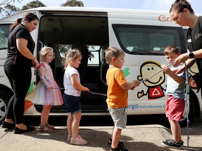 Community Kids Bargo Early Education Centre teacher Daniela Rudisi doing a practice fire drill with children from left Alexis Black, Ellie Stocken, Ryan Stocken, Rylan Whitehead and Director Emma Whitehead. Picture: Jonathan Ng