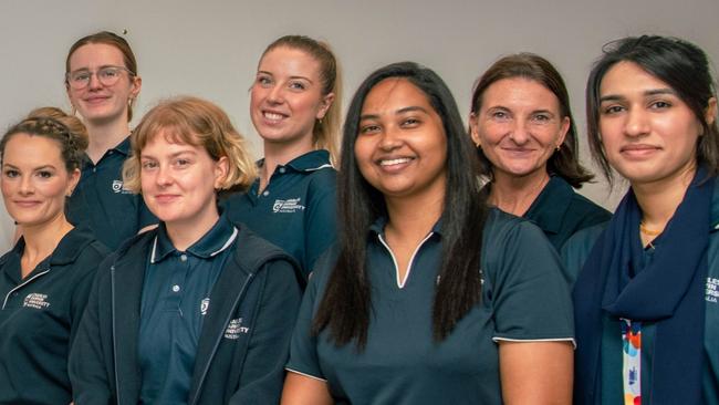 Chief Minister Eva Lawler and Business, Jobs and Training Minister Joel Bowden with Aged Care students ahead of additional Fee-Free TAFE places at CDU. Picture: Adnan Reza