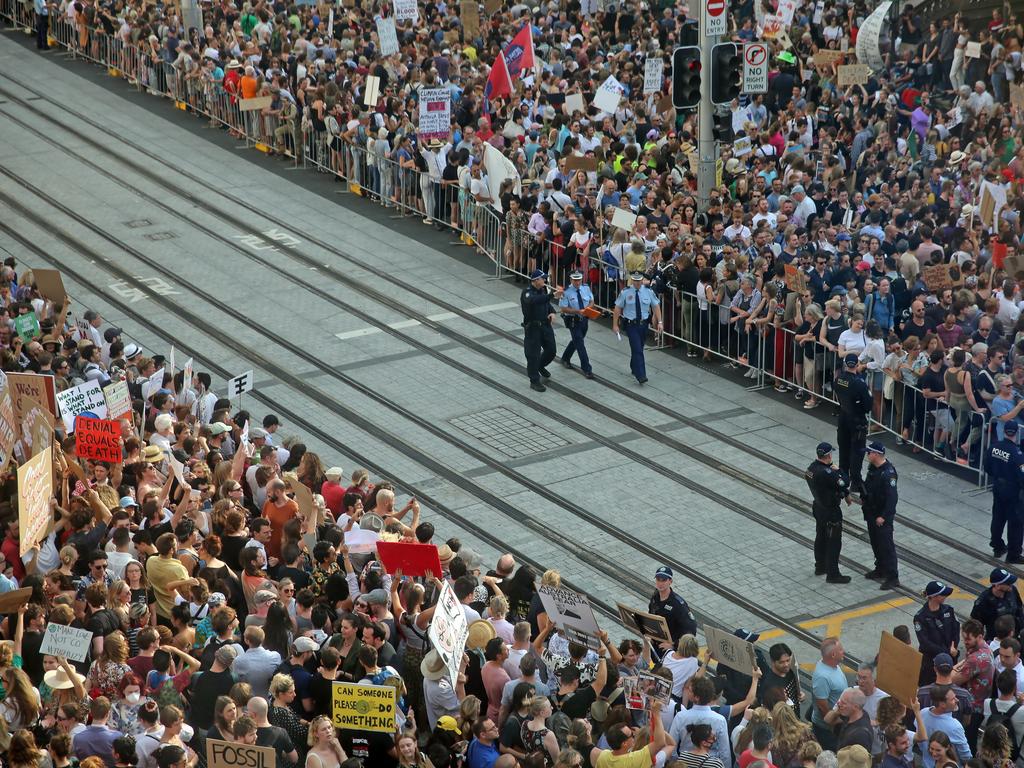 Crowds gather to rally for climate action at Sydney Town Hall on January 10, 2020 in Sydney, Australia. Picture: Nicholas Eagar