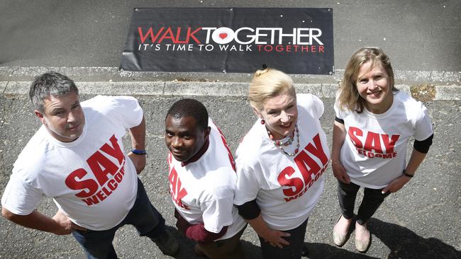 Mike Radburn, John Kamara, Di Reynoldson and Katey Love promoting Walk Together, a nationwide celebration of Australia’s diversity in 2015. Picture: Kim Eiszele