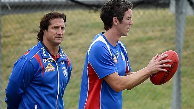 Luke Beverage watches on as Bob Murphy trains at Whitten Oval. Picture: Nicole Garmston