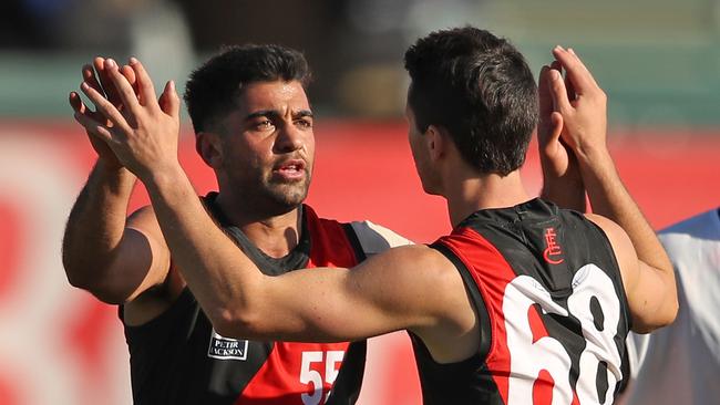 Danny Younan celebrates kicking a goal for Essendon this year. Picture: Scott Barbour.