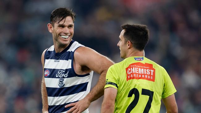 Geelong champion Tom Hawkins was held goalless for the fourth straight game against Melbourne. Picture: Dylan Burns/AFL Photos via Getty Images.