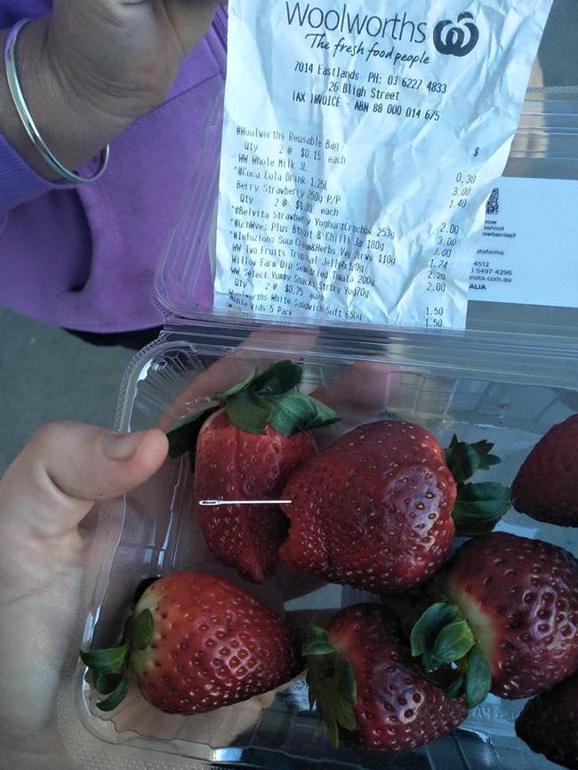 Image posted on Facebook from a shopper claiming to have found a needle in strawberries bought from a Hobart supermarket.