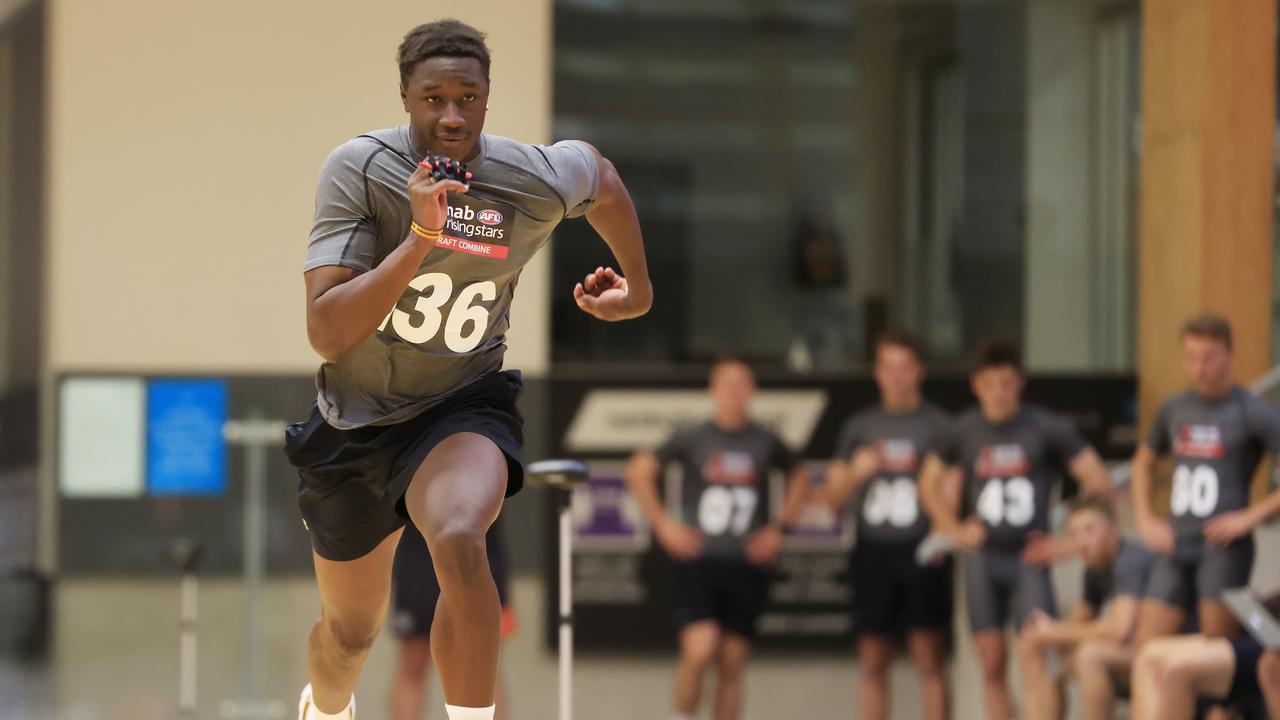 Australian under-18 100m champion Godfrey Okerenyang blitzed the 20m sprint at the AFL draft combine. Picture: AFL Photos