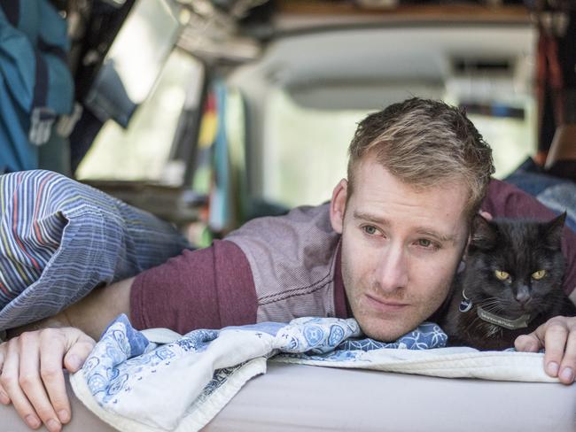 Richard East is travelling around Australia in a van with his cat Willow. Picture: Supplied by Richard East