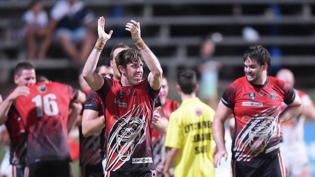 Kyle Ramage thanks the loyal Bears fans after helping secure the club’s first senior NRL NT title in a decade, following his team’s triumph over Nightcliff in the 2018 NRL NT Grand Final. Picture: PATRINA MALONE