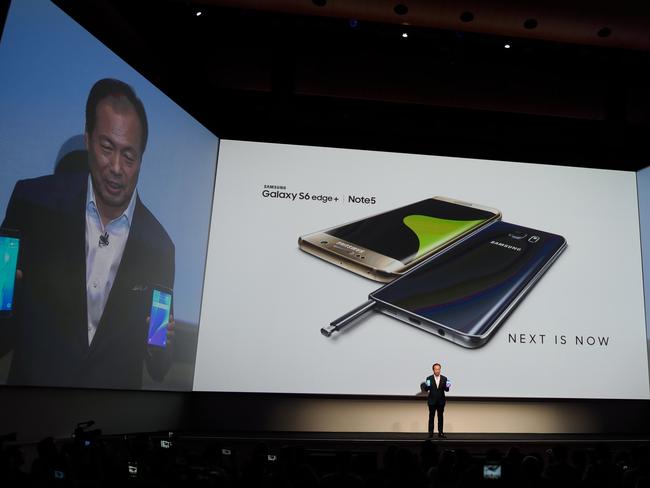 Unveiling ... JK Shin, President and CEO of Samsung Electronics, speaks during the Samsung Galaxy Unpacked 2015 event in New York. Picture: AFP/Don Emmert
