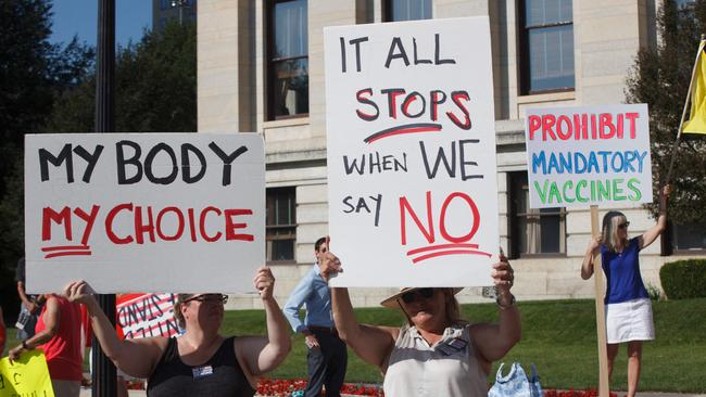 Anti-vaccine mandate protesters demonstrate outside of the Ohio Statehouse in Columbus, US, to support the Vaccine Choice and Anti-Discrimination Act. Picture: AFP