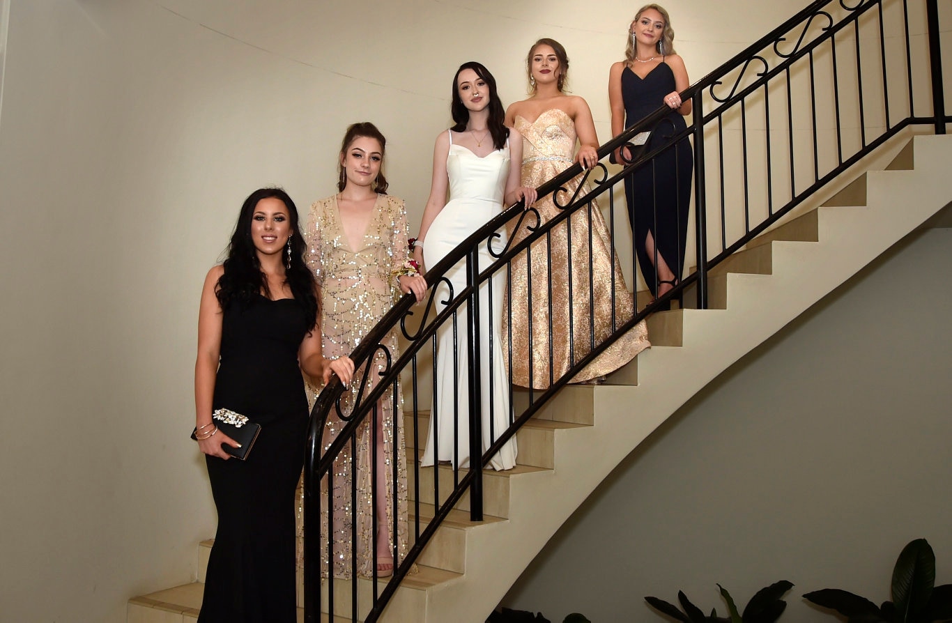 Toowoomba State High School formal at Picnic Point, (from left) Olivia Mills, Denver Theiler, Halayna Carrol, Tasha Mills and Gemma Sutherland. Wednesday, November 13, 2019.