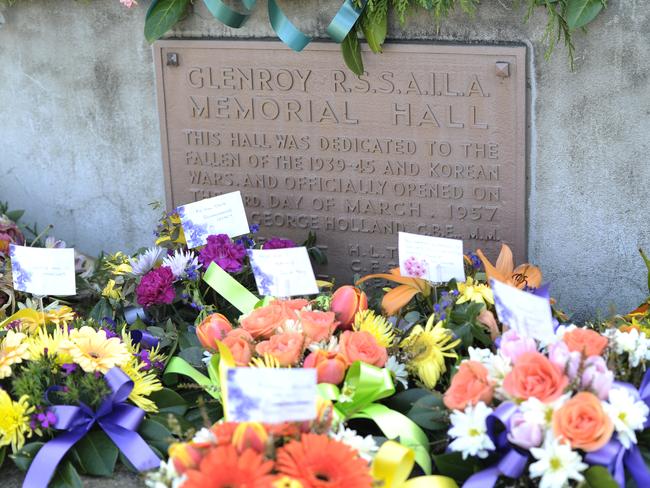Flowers laid at the Glenroy RSL on Anzac Day.