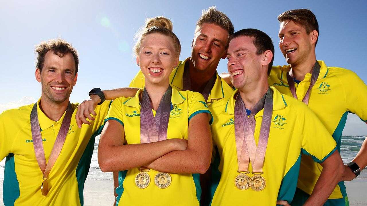 Individual para swimming gold medal winners Matt Levy, Lakeisha Patterson, Brenden Hall, Tim Disken, and Jesse Aungles. Picture: Adam Head