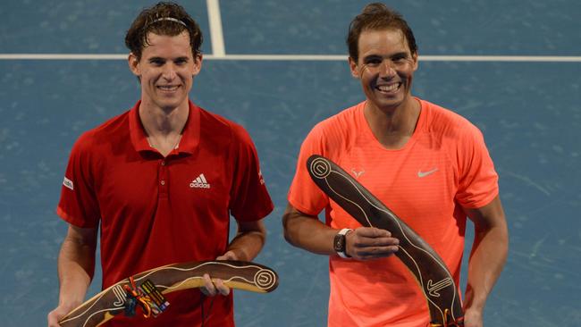 Dominic Thiem and Rafael Nadal were all smiles after returning to the court after 14 days in quarantine. Picture: AFP