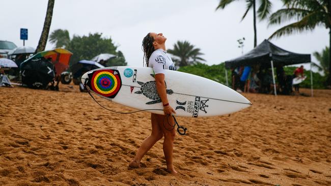 India Robinson after surfing in the Quarterfinals at the Michelob ULTRA Pure Gold Haleiwa Challenger in December 2021. (Photo by Brent Bielmann/World Surf League)