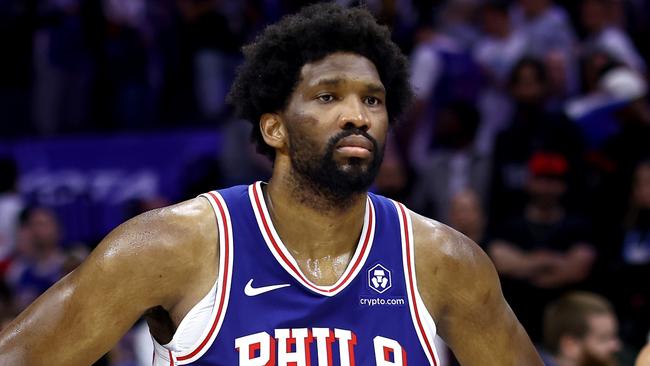 PHILADELPHIA, PENNSYLVANIA - MAY 02: Joel Embiid #21 of the Philadelphia 76ers reacts after his team's 118-115 loss against the New York Knicks in game six of the Eastern Conference First Round Playoffs at the Wells Fargo Center on May 02, 2024 in Philadelphia, Pennsylvania. (Photo by Tim Nwachukwu/Getty Images)