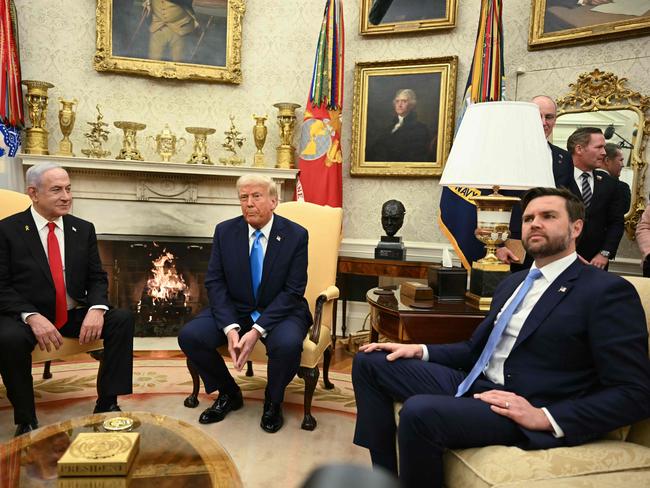 US President Donald Trump (C) and Vice President JD Vance (R) meet with Israel's Prime Minister Benjamin Netanyahu in the Oval Office of the White House in Washington, DC. Picture: AFP