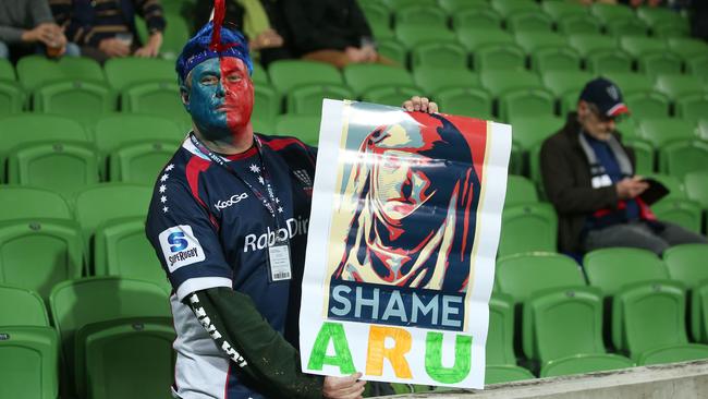 A Rebels supporter lets the ARU know how he feels.