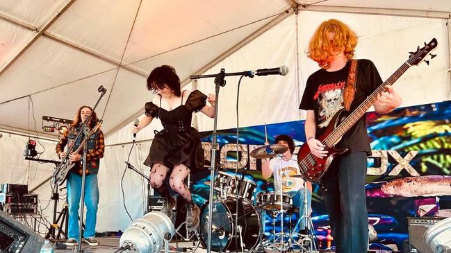 Bowen band Gleezus performing at Townsville Folk Festival. L-R: Guitarist Jack homewood, vocalist Kameron Stoneham, bassist Ashton Shepherd, and drummer Brock Medhurst. Photo: Contributed